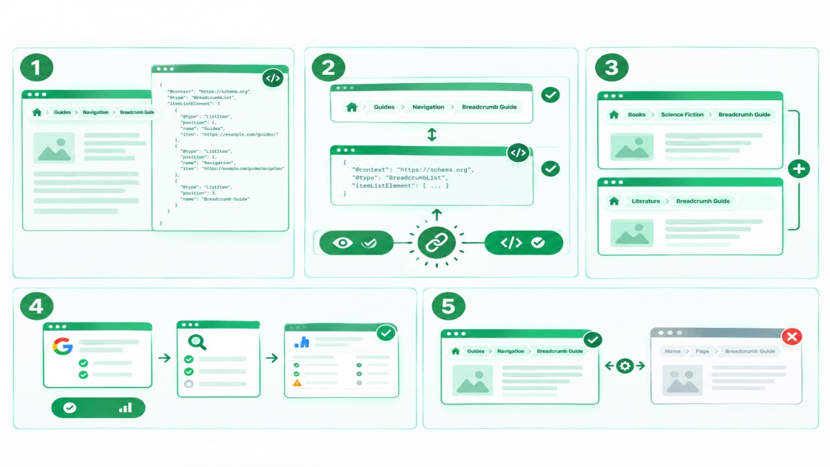 Breadcrumbs and Site Navigation infographic illustrating JSON-LD structured data, visible breadcrumb trails, multiple navigation paths, and markup validation