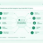 Breadcrumbs and Site Navigation infographic showing breadcrumb structure, site hierarchy, clickable navigation, mobile friendliness, crawlable links, and broken link fixes