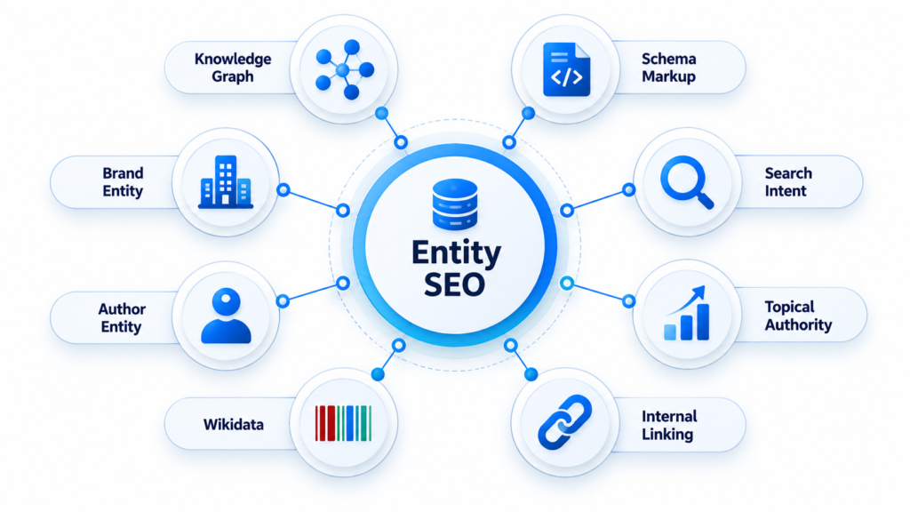 Infographic showing the entity SEO node connected to knowledge graph, schema markup, search intent, topical authority, internal linking, Wikidata, author entity and brand entity nodes.