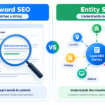 Side by side graphic comparing keyword SEO, shown as matching repeated words, with entity SEO, shown as a connected graph of labelled entities.