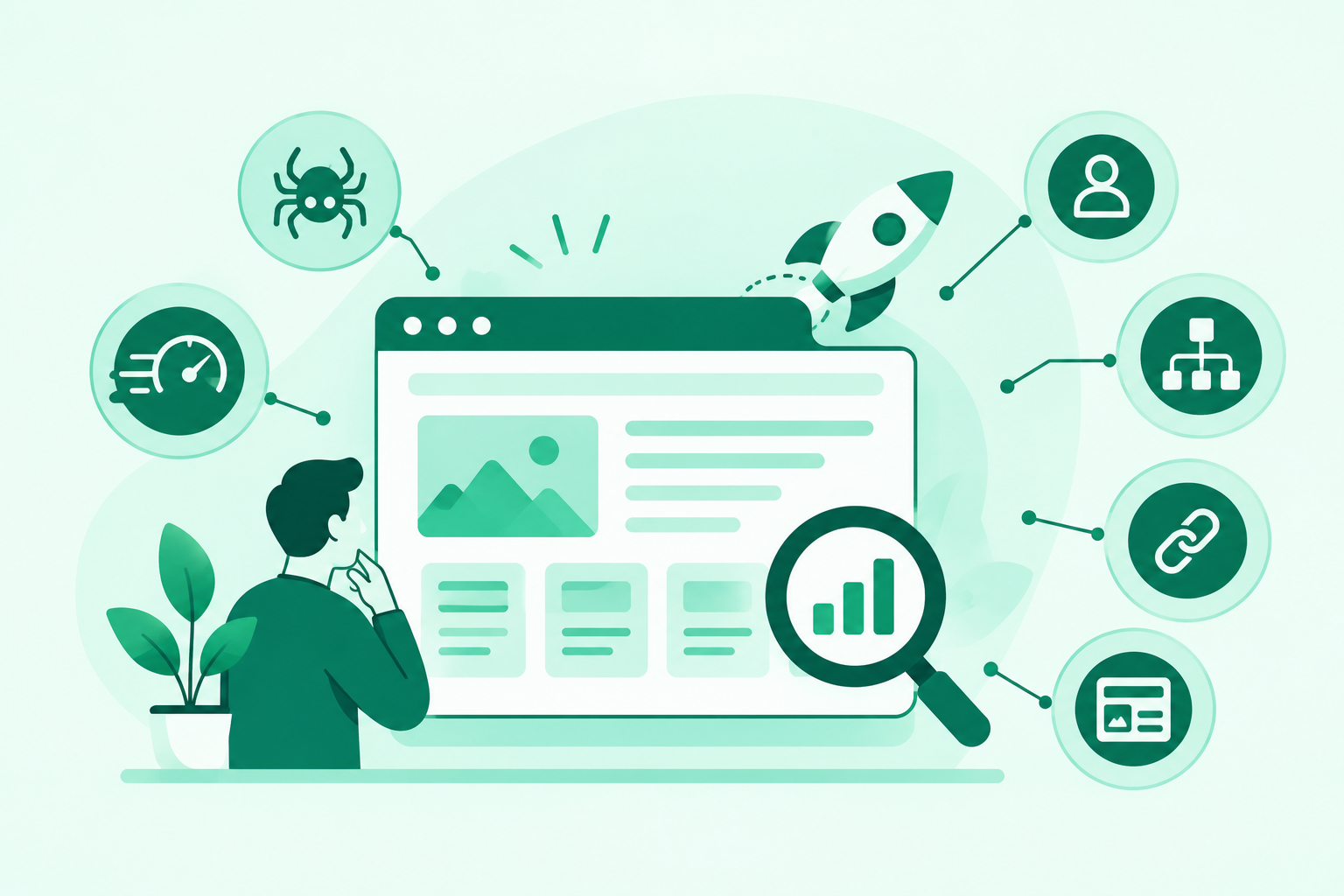 SEO friendly web design illustration showing a website layout, analytics, site structure, loading speed, and search engine optimization.