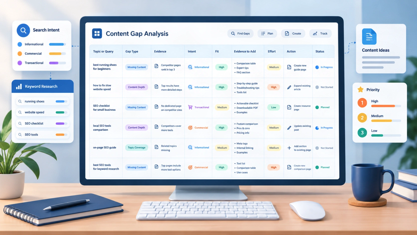 SEO content gap analysis spreadsheet template showing topics, gap types, search intent, evidence, priority scores, actions, and status