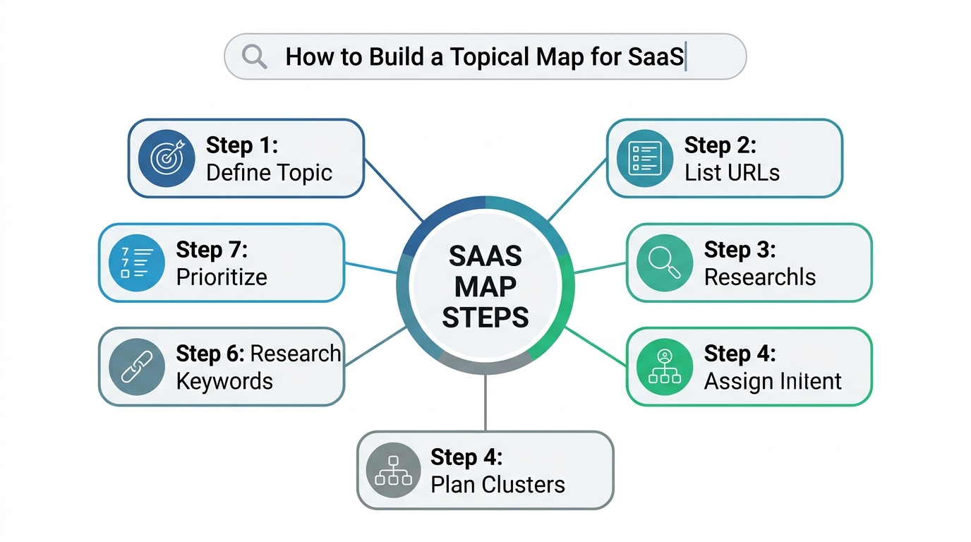 Flat vector infographic showing the 7-step process to build a topical map for SaaS websites, from defining central topics to prioritizing publication.