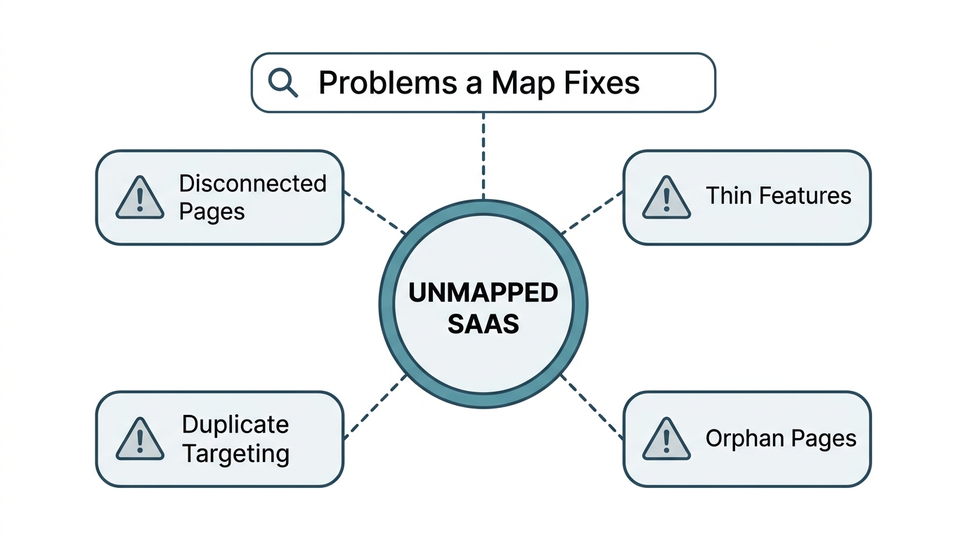 Flat vector infographic showing a topical map for SaaS websites with a central hub and connected pages for features, integrations, use cases, pricing, and API docs.