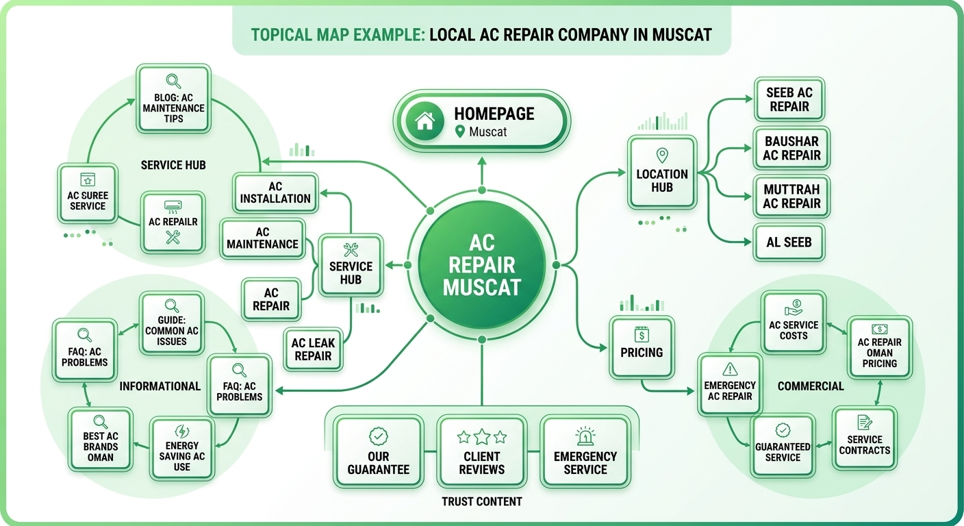 An illustrative diagram showing a topical map for local business, designed for an AC repair company in Muscat, featuring core service hubs, location pages, and content clusters.