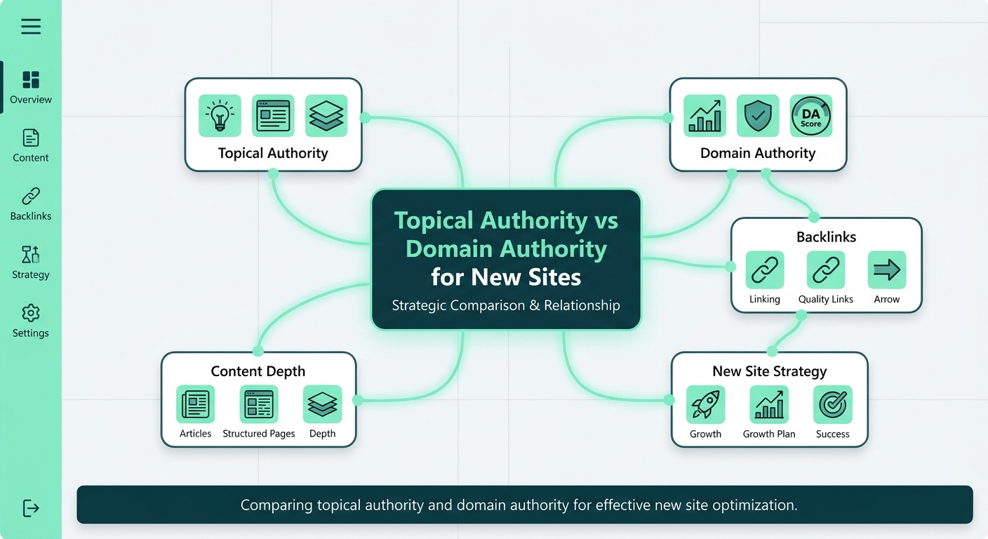 Infographic comparing topical authority and domain authority for new websites, explaining content depth, backlinks, and strategy for topical authority for new websites.