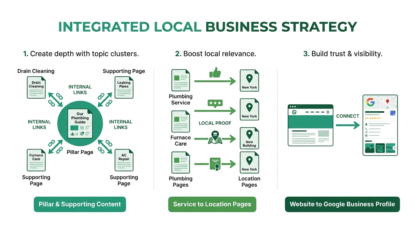 A clean 3-part infographic for a topical map for local business, illustrating internal linking for topic clusters, service-to-location page connectivity with local proof, and Google Business Profile integration.