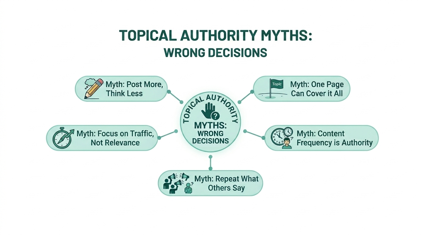 Minimalist vector infographic breaking down major topical authority mistakes and myths, including chasing traffic over relevance and expecting one page to cover everything.