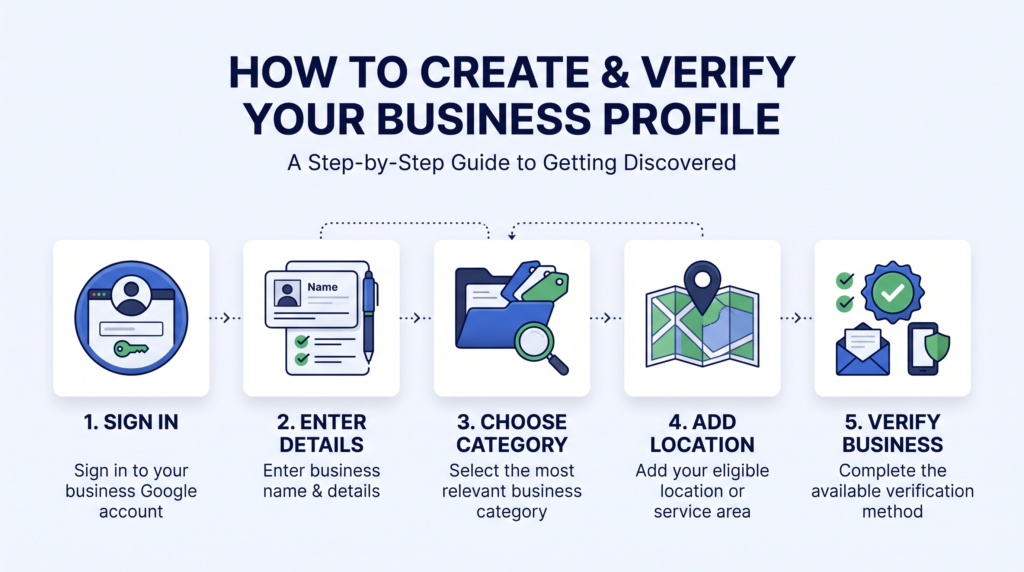 Five-step infographic for creating and verifying a Google Business Profile