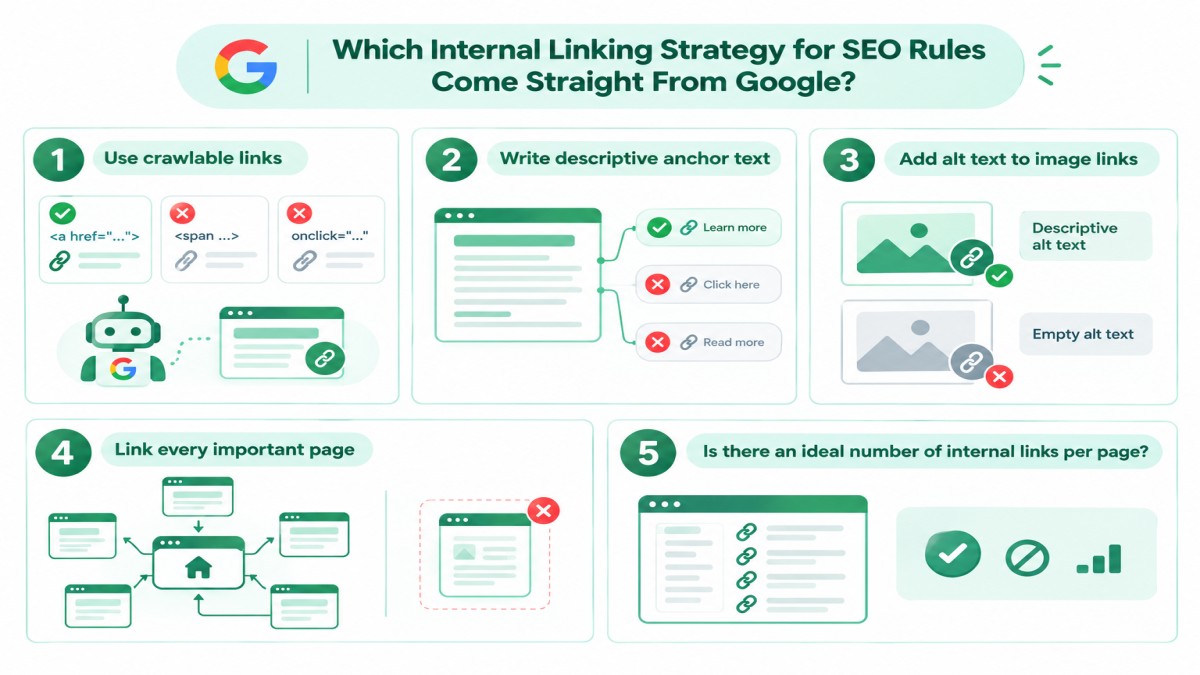 Internal linking strategy for SEO infographic showing crawlable links, anchor text, image alt text, important pages, and link best practices