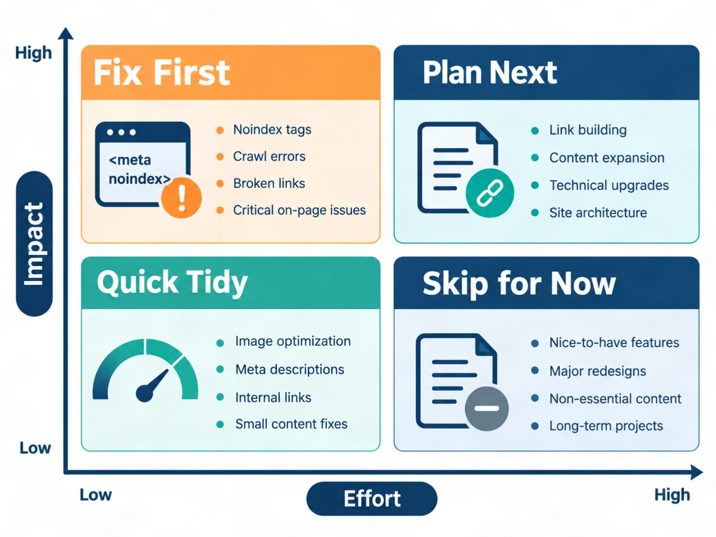 Impact and effort matrix for prioritizing website SEO fixes after an SEO audit