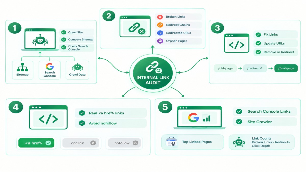 Internal linking strategy for SEO infographic showing website crawling, orphan page detection, broken link fixes, redirect chains, and SEO audit tools