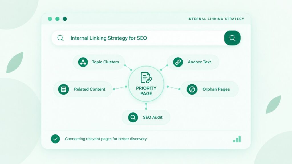 Internal linking strategy for SEO showing topic clusters, anchor text, related content, and orphan page auditing