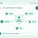 An interface graphic for a topical map for local business titled 'Topical Map Search', showing interconnected nodes for topics, entities, intent, SEO, and content around a central local business icon.