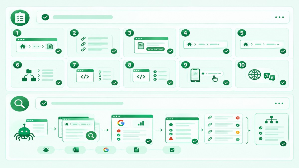Breadcrumbs and Site Navigation audit checklist infographic showing breadcrumb trails, working links, accessibility checks, mobile usability, structured data validation, and SEO auditing