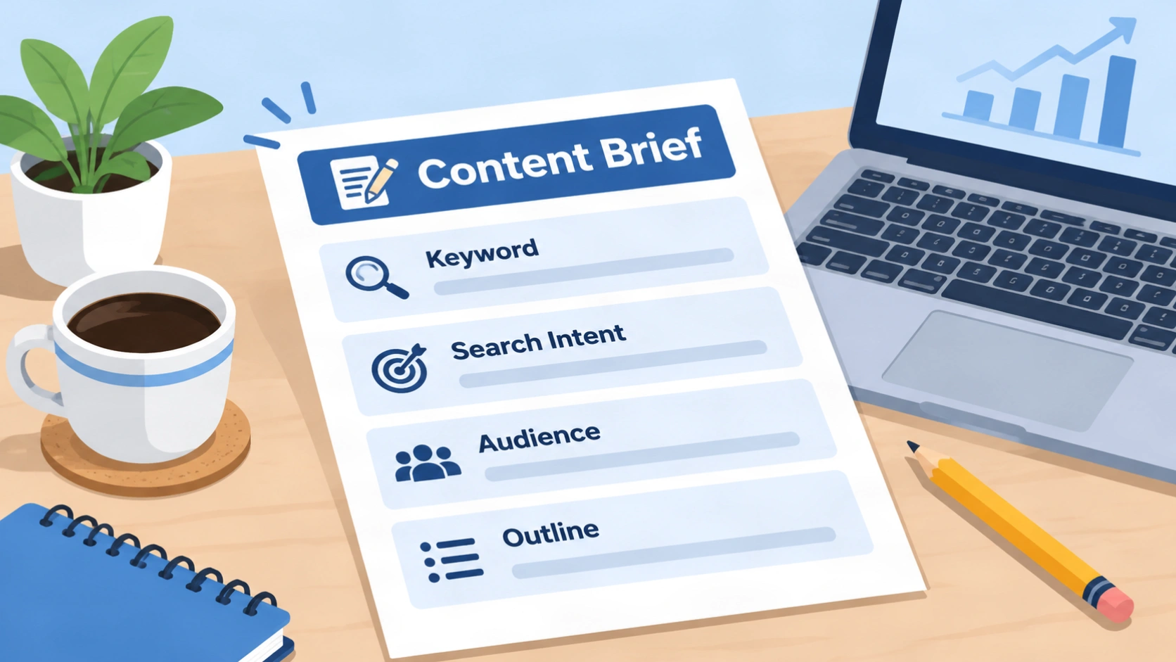 Filled content brief template example with fields for keyword, reader, competitor gap, and internal links