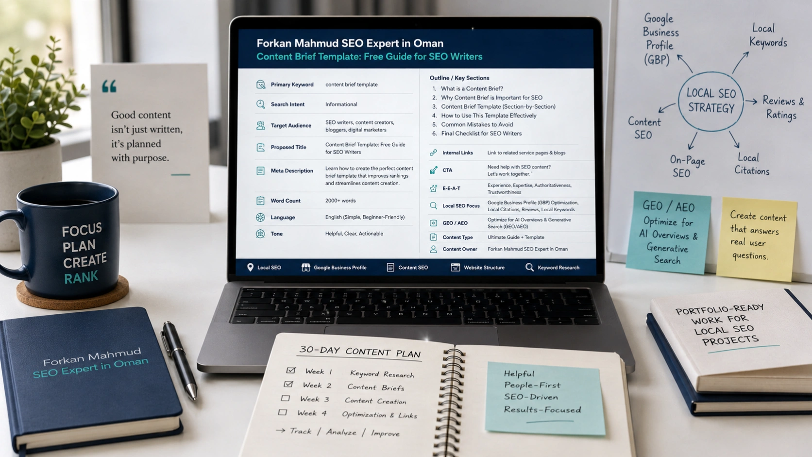 Content brief template showing SEO writing guidelines, keyword research, and article outline.