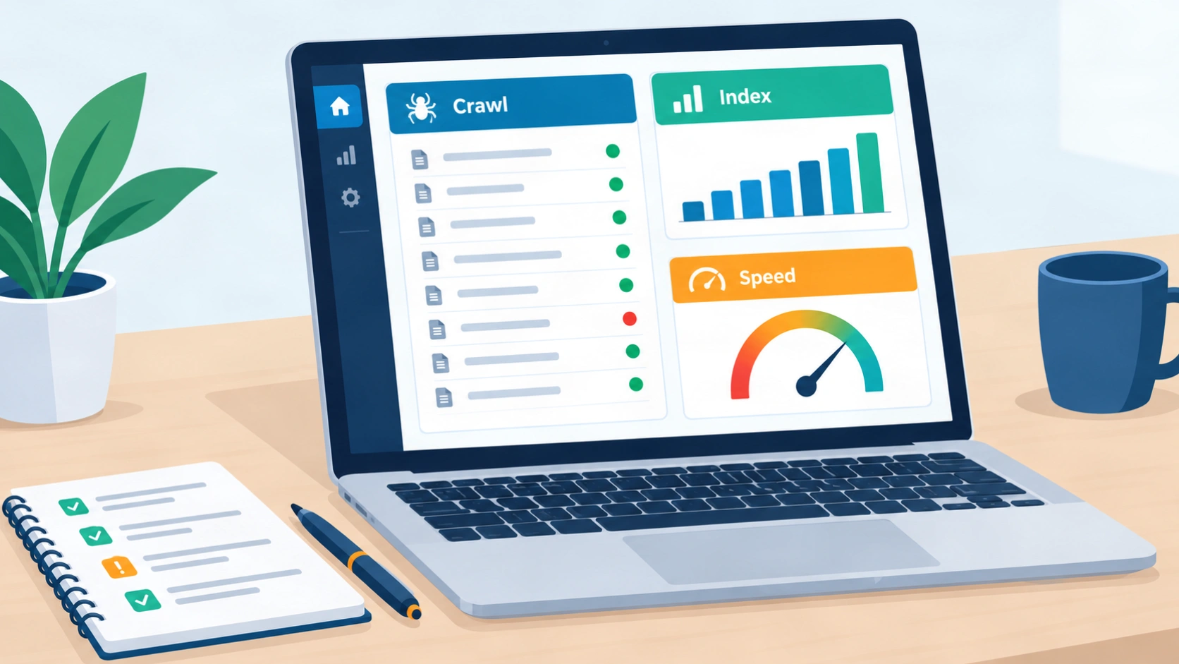 SEO audit overview showing a crawl report, indexing status, and page speed score on a laptop screen