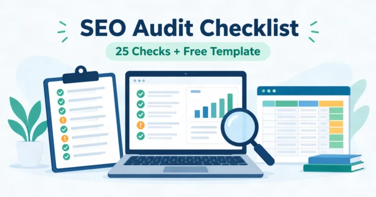 SEO audit checklist on a laptop screen with a clipboard of 25 checks and a free template spreadsheet