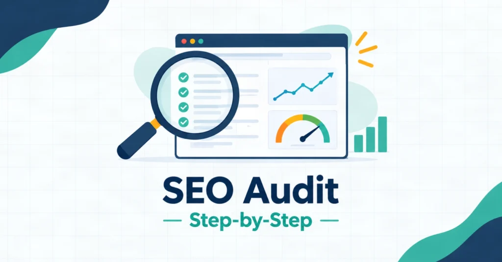 Illustration of an SEO audit with a magnifying glass over a website checklist and performance charts