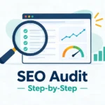 Illustration of an SEO audit with a magnifying glass over a website checklist and performance charts
