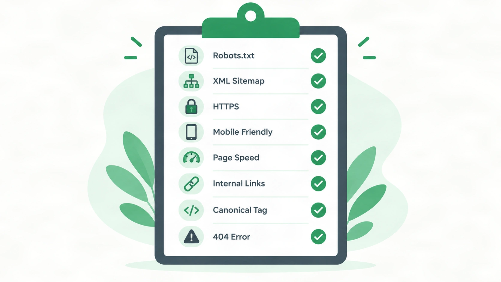 Technical SEO checklist with robots.txt, sitemap, HTTPS, mobile, and page speed checks