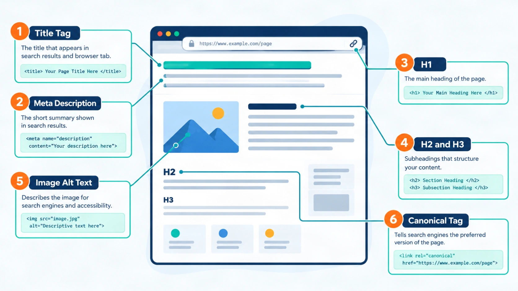 Diagram of a web page with labeled on-page SEO elements: title tag, meta description, H1, subheadings, and image alt text