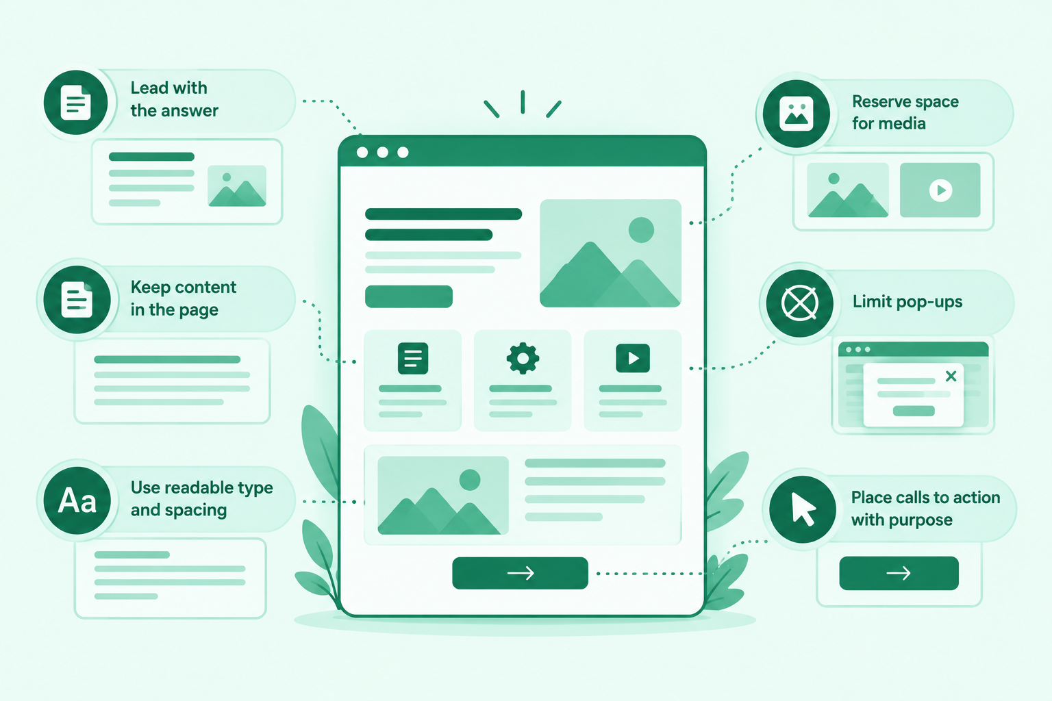 SEO friendly web design layout illustration showing readable content, clear headings, image placeholders, balanced spacing, and prominent calls to action.