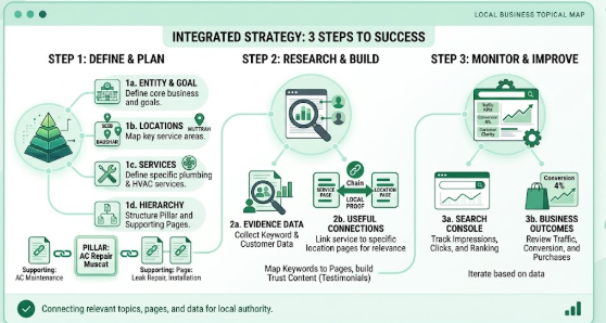A step-by-step infographic showing how to measure ecommerce topical map performance across Search Console data, category and product discovery, business outcomes, and iterative updates.