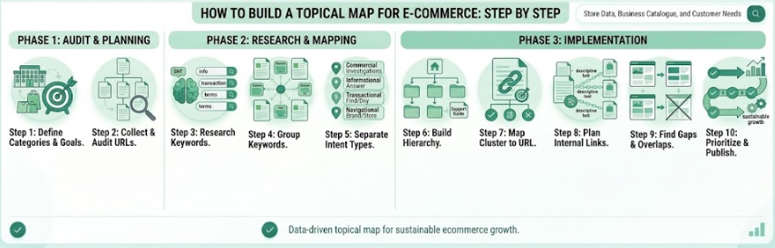 A comprehensive 10-step infographic detailing how to build a topical map for ecommerce across three phases: audit and planning, research and mapping, and implementation.