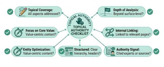 Comprehensive pre-publish checklist diagram to prevent topical authority failures and avoid common topical authority mistakes in SEO.