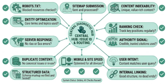 Diagnostic flowchart and troubleshooting checklist for indexed pages that do not rank, helping fix common topical authority mistakes and keyword cannibalization.