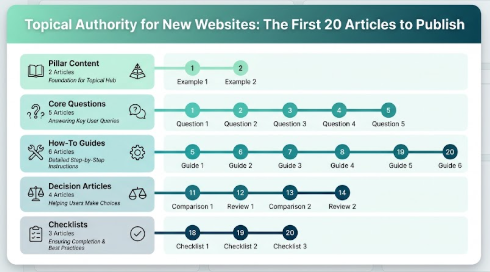 Strategic content roadmap illustrating the first 20 articles a new website should publish to build topical authority for new websites.