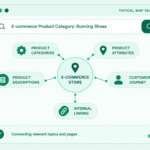 A clean UI graphic displaying a topical map for ecommerce with nodes for product categories, attributes, descriptions, internal linking, and customer journey.