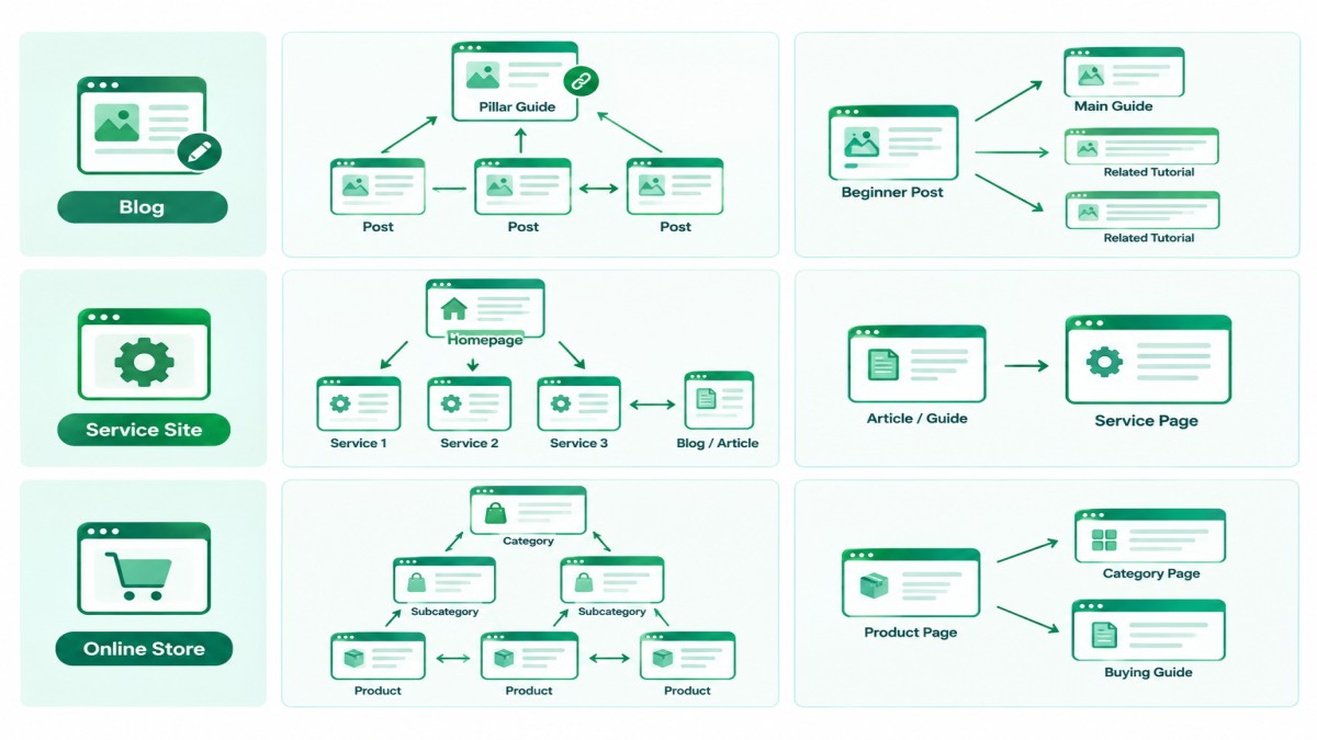 Internal linking strategy for SEO showing link structures for blogs, service websites, and online stores