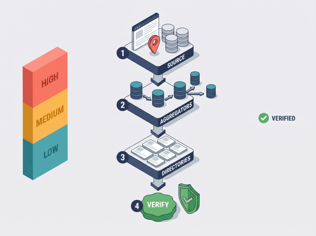 Infographic showing the four-stage order for fixing citations, from source data to verification