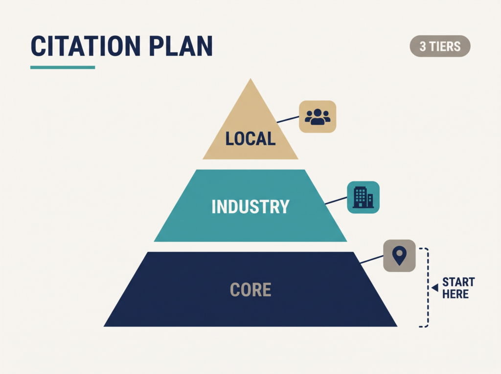 Infographic of a three-tier citation plan covering core platforms, industry directories, and local mentions