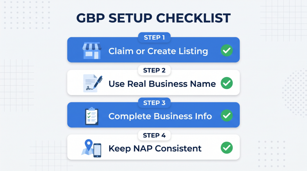 Infographic of Google Business Profile Optimization Checklist setup steps including name, address, phone, and hours