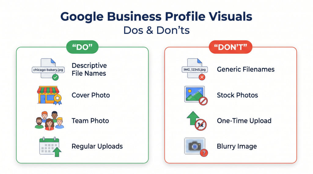 Infographic comparing optimized versus unoptimized Google Business Profile photo practices