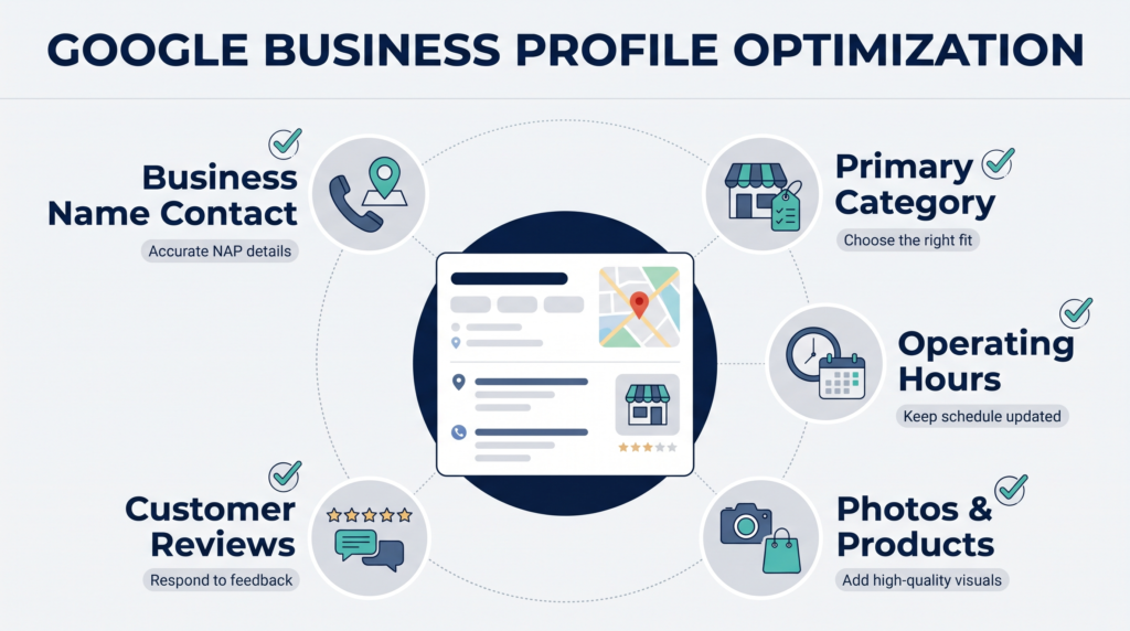 Google Business Profile optimization infographic showing business details, categories, opening hours, photos, and customer reviews.