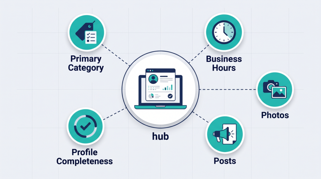 Infographic listing Google Business Profile signals that influence local pack ranking factors