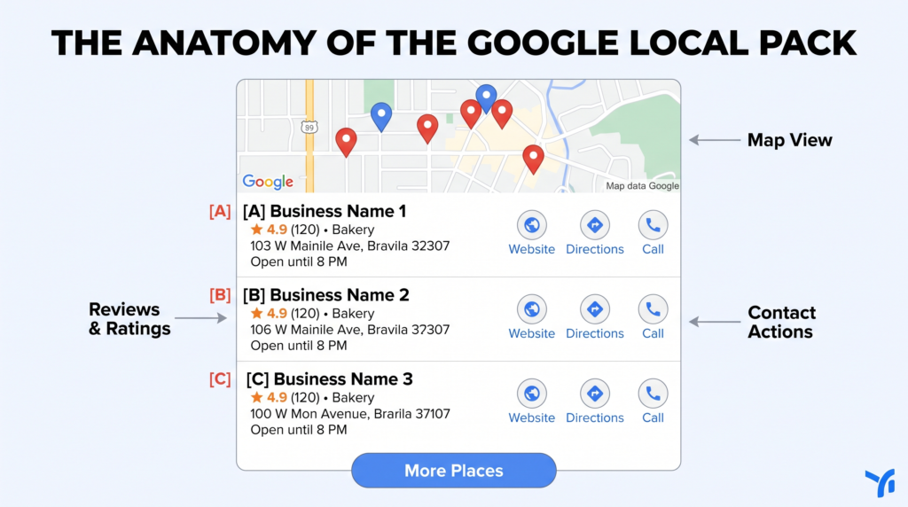 Diagram illustrating the Google Local 3-Pack layout with map view, business names, star ratings, and call actions. What Is Local SEO and How Does It Work