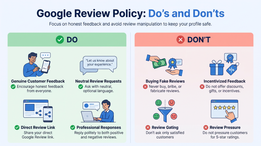 Infographic showing Google review policy best practices including genuine feedback no incentives and no review gating