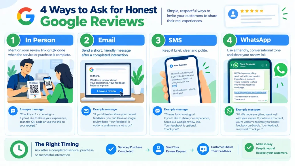 Infographic showing safe ways to ask customers for Google reviews through email SMS WhatsApp and in-person requests