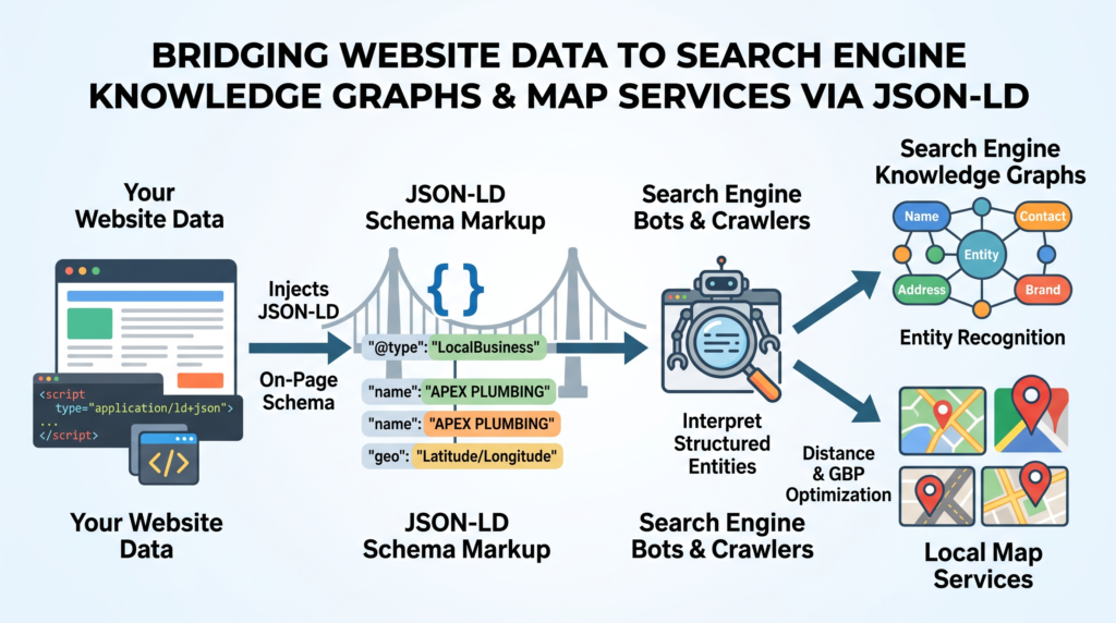 Diagram showing JSON-LD schema markup bridging website data to search engine knowledge graphs and map services