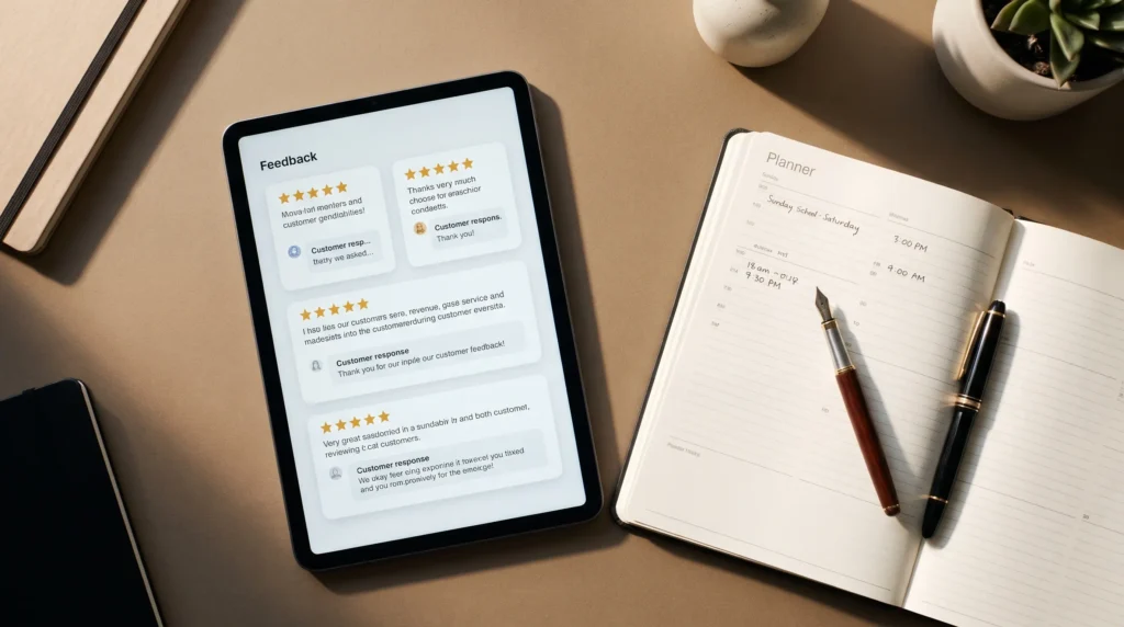 Customer review interaction and regional messaging on a tablet device