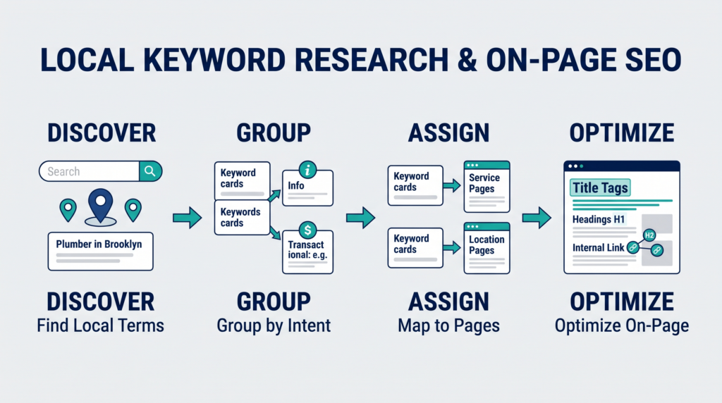 Local SEO Checklist for Small Businesses infographic connecting location-based keyword research with website pages, headings, and internal links.