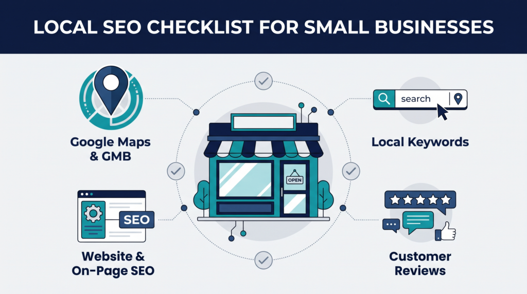 Local SEO checklist infographic showing a small business, map pins, customer reviews, and local search optimization.