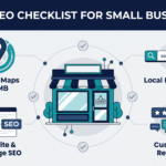 Local SEO checklist infographic showing a small business, map pins, customer reviews, and local search optimization.