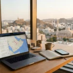 Local SEO in Oman strategy overview showing Google Maps pin over Muscat commercial district